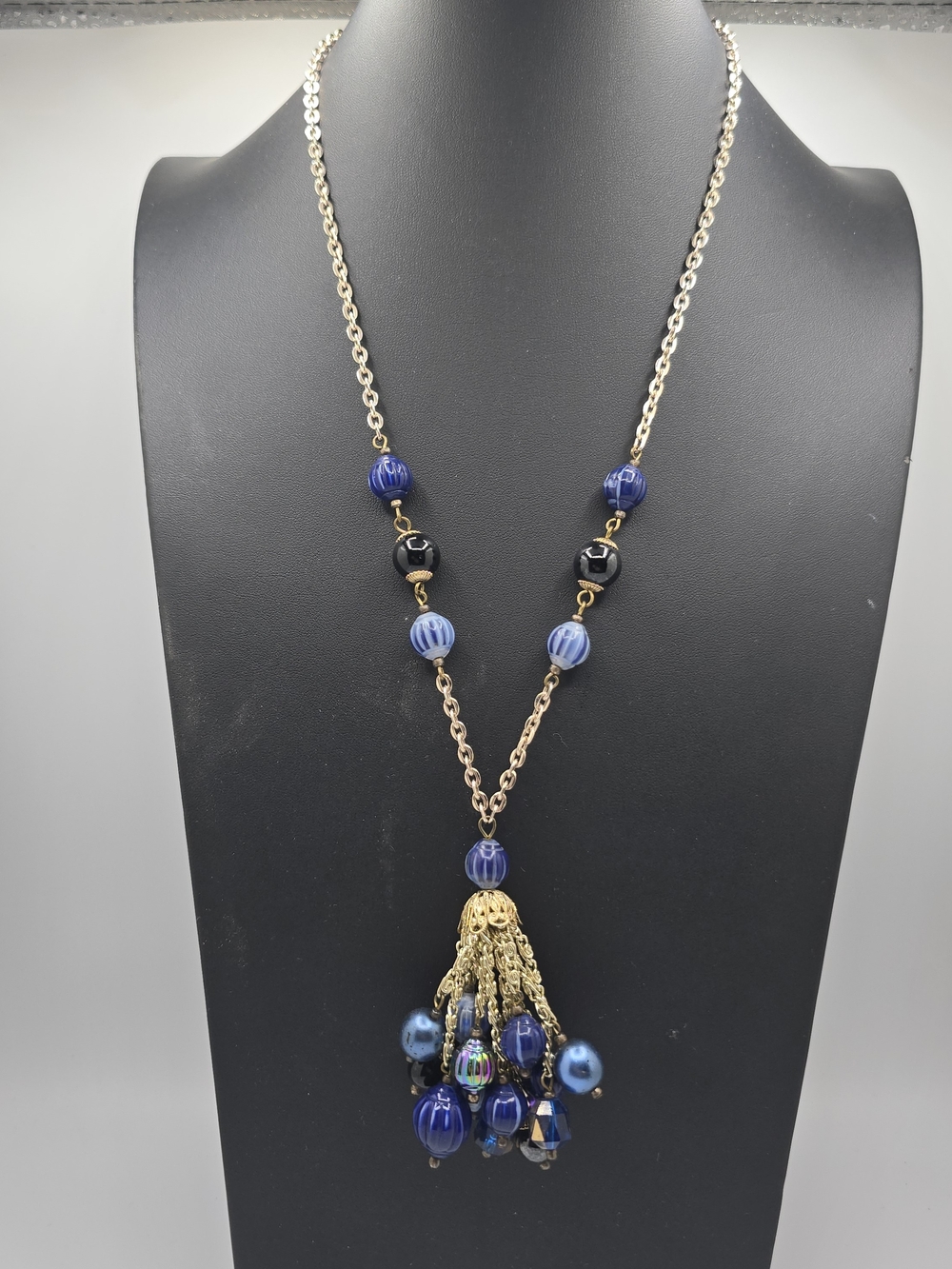 Vintage Blue Glass Bead Tassel Necklace Gold Tone Statement 24"